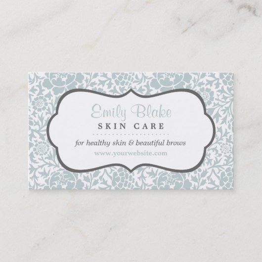 Grijs en Blauw Bloemen Damast Afspraakkaart Afsprakenkaartje (Voorkant)