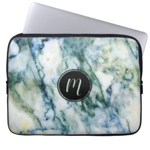 Grijs en blauw-groen Faux Marble Stone Monogram Laptop Sleeve