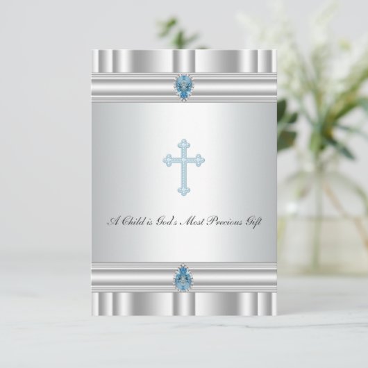 Grijs en blauw kruis doop kaart (Staand voorkant)