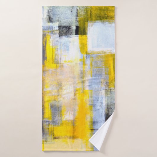Grijs en Geel Abstract Kunstschilderij Badhanddoek (Badhanddoek)