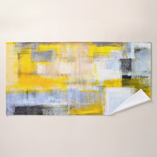 Grijs en Geel Abstract Kunstschilderij Badhanddoek (Badhanddoek)