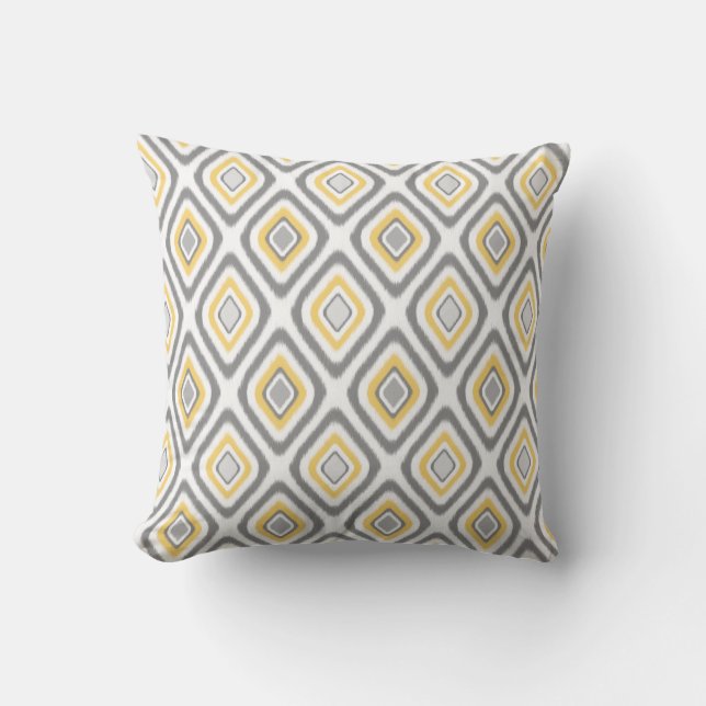 Grijs en Geel Ikat Diamond Pattern Kussen (Voorkant)