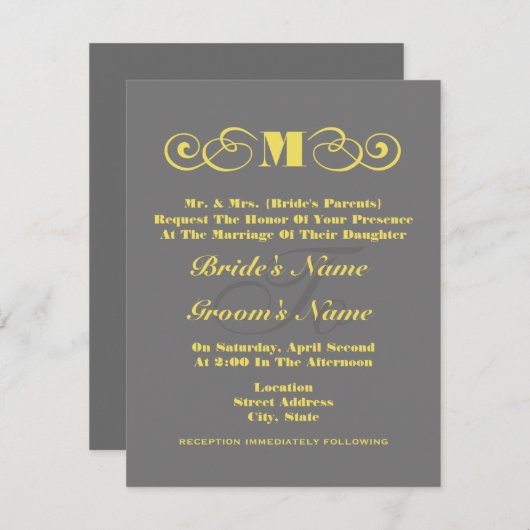 Grijs en Geel Monogram Weddenschap Kaart (Voorkant / Achterkant)
