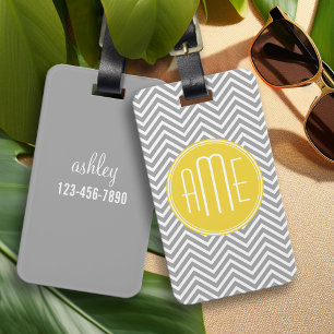 Grijs en Gele Chevrons Aangepast monogram Bagagelabel