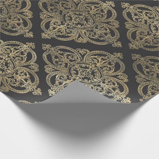Grijs en goud antiek damast cadeaupapier (Hoek)