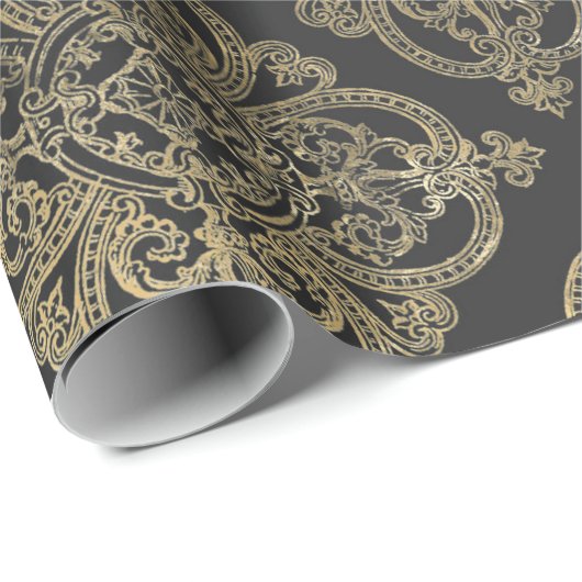 Grijs en goud antiek damast cadeaupapier (Rol Hoek)