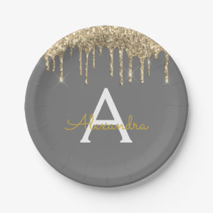 Grijs en Goud Glitter Monogram Verjaardag Papieren Bordje