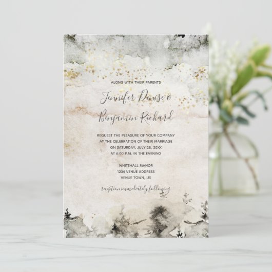 Grijs en Goud Waterverf Alpine Mountain Bruiloft | Kaart (Staand voorkant)