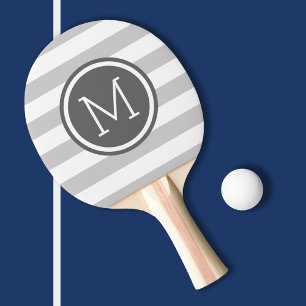 Grijs en Houtskool Preppy Strepen Monogram Tafeltennisbatje