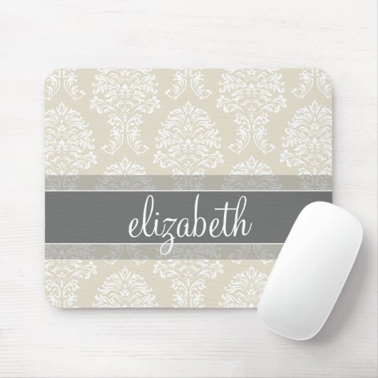 Grijs en Ivoor Damast Patroon met Naam Muismat (Met muis)