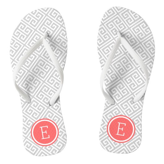 Grijs en koraal Grieks sleutelmonogram Teenslippers (Voetbed)