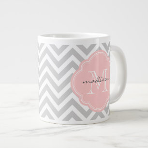 Grijs en Lichtroze Chevron Custom Monogram Extra Grote Beker