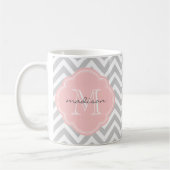 Grijs en Lichtroze Chevron Custom Monogram Koffiemok (Links)