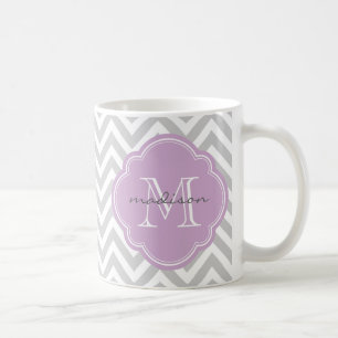 Grijs en Lila Chevron Aangepast monogram Koffiemok