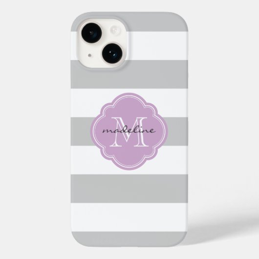 Grijs en Lila Paarse brede strepen Custom Monogram Case-Mate iPhone Case (Achterkant)