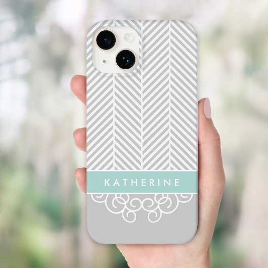 Grijs en Mint Herringbone Swirl Custom Monogram Case-Mate iPhone Case