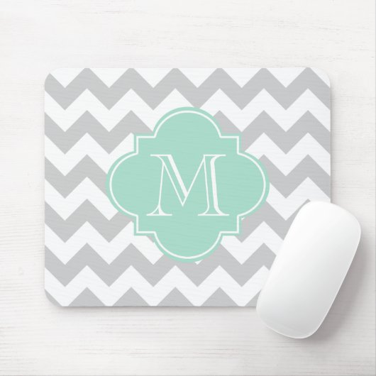 Grijs en Mint Modern Chevron Custom Monogram Muismat (Met muis)