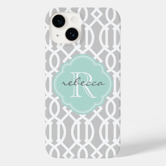 Grijs en Mint Modern Trellis Custom Monogram Case-Mate iPhone Case (Achterkant)