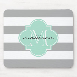 Grijs en Mint Nautische Strepen Custom Monogram Muismat