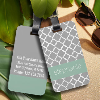 Grijs en Mint Quatrefoil Patroon Aangepaste naam Bagagelabel