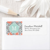 Grijs en Mint Retro Floral Damask Custom Monogram Etiket (Insitu)