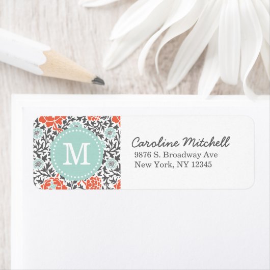 Grijs en Mint Retro Floral Damask Custom Monogram Etiket (Insitu)