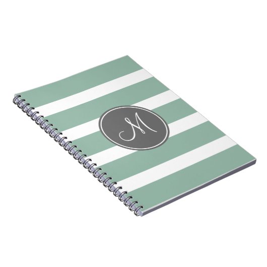 Grijs en Mint Striped Patroon met Monogram Notitieboek (Rechterzijde)