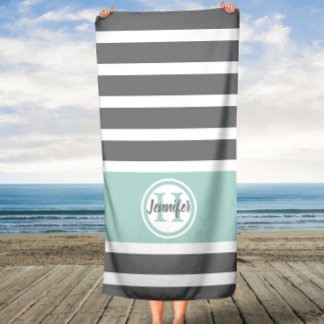 Grijs en Mint Stripes Gepersonaliseerd Monogram Strandlaken
