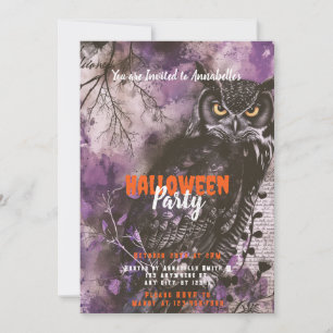Grijs en Mooie Uil Paarse Halloween Feest Kaart