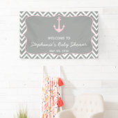 Grijs en pastel Roze Chevron Nautisch Baby shower Spandoek (Insitu)
