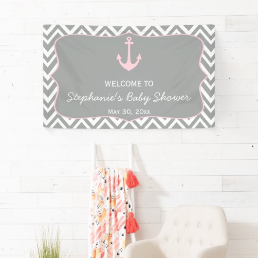 Grijs en pastel Roze Chevron Nautisch Baby shower Spandoek (Insitu)