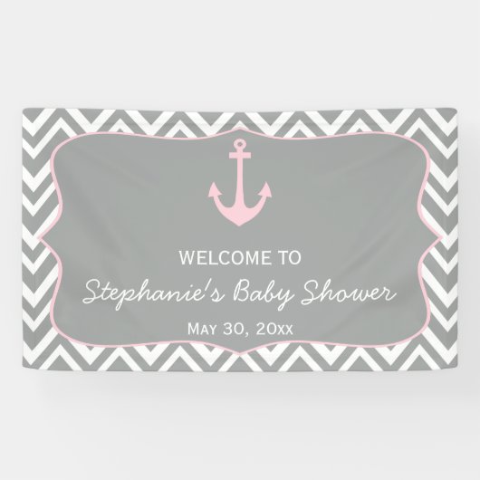Grijs en pastel Roze Chevron Nautisch Baby shower Spandoek (Horizontaal)