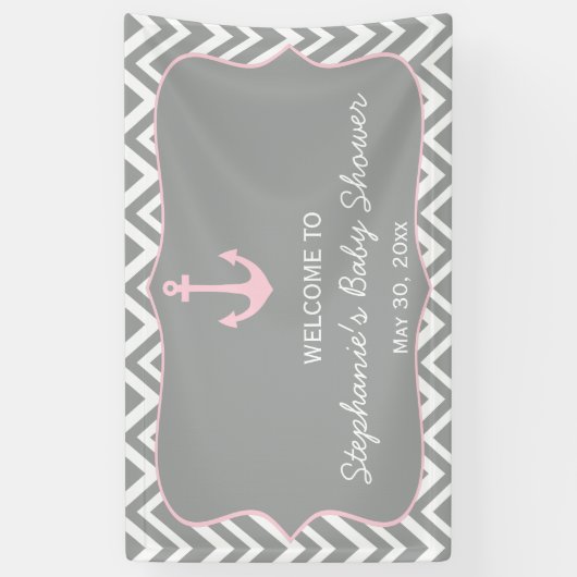 Grijs en pastel Roze Chevron Nautisch Baby shower Spandoek (Verticaal)