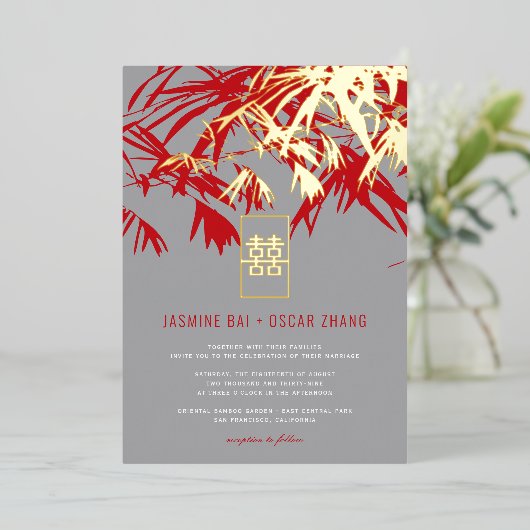 Grijs en rood bamboe vertrekt dubbelzijdig Chinees Folie Uitnodiging (Staand Voorkant)