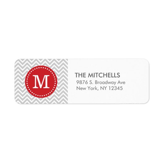 Grijs en Rood Chevron Monogram Retouradres Etiket (Voorkant)