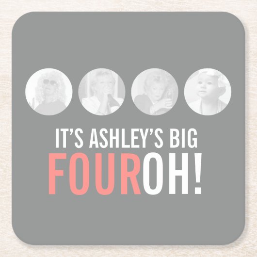 Grijs en roze 40e FOUROH! foto verjaardagsfeestje Vierkante Kartonnen Onderzetter (Voorkant)
