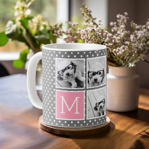 Grijs en Roze 5 Foto Collage met Monogram Koffiemok