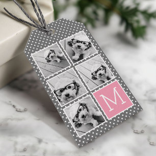 Grijs en Roze 5 Foto Collage Monogram Cadeaulabel