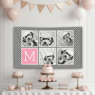 Grijs en Roze 5 Foto Collage Monogram Spandoek
