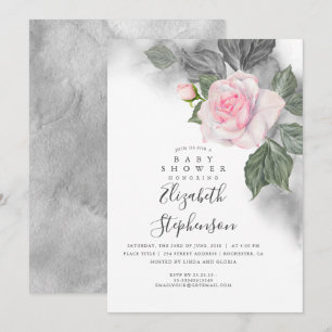 Grijs en Roze Bloemen Waterverf Baby shower Kaart