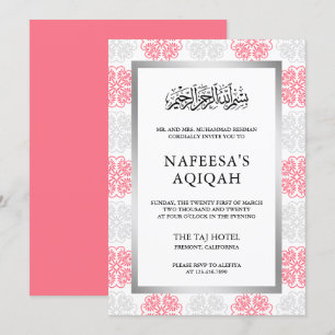 Grijs en roze bloemendamask moslim Aqiqah-ceremoni Kaart