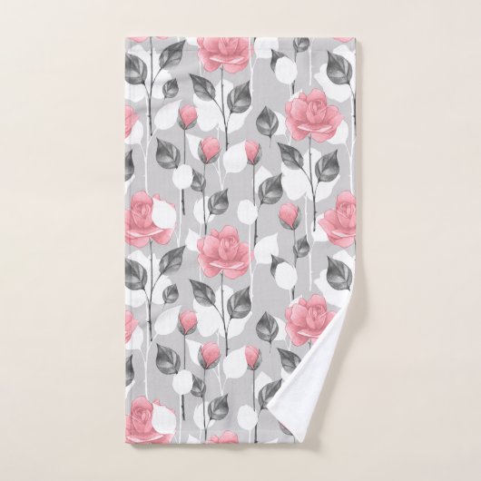 Grijs en roze. Bloempatroon Badhanddoek Bad Handdoek (Handdoek)