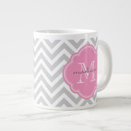Grijs en Roze Chevron Custom Monogram Extra Grote Mok