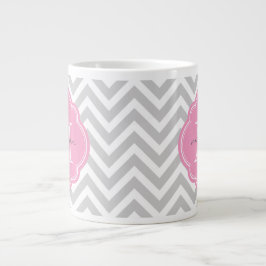 Grijs en Roze Chevron Custom Monogram Extra Grote Mok