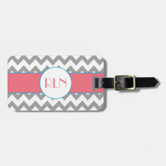Grijs en Roze Chevron Monogram Bagagelabel