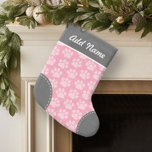 Grijs en Roze Dog Paw Afdrukpatroon Aangepaste naa Kleine Kerstsok