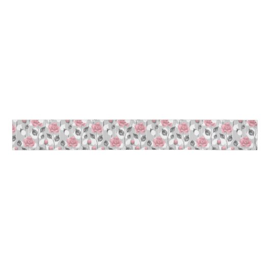Grijs en roze. Floral patroon Grosgrain Lint (Voorkant)