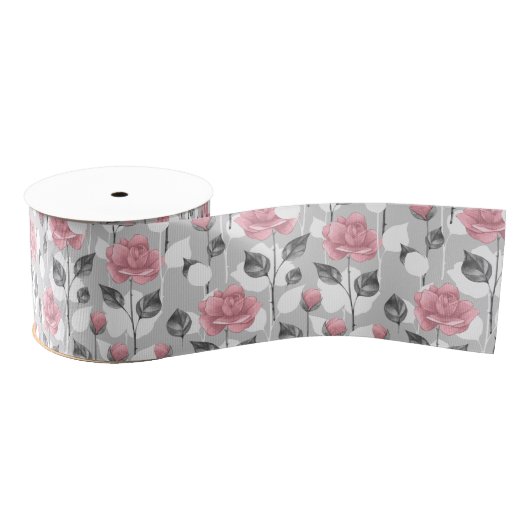 Grijs en roze. Floral patroon Grosgrain Lint (Spoel)