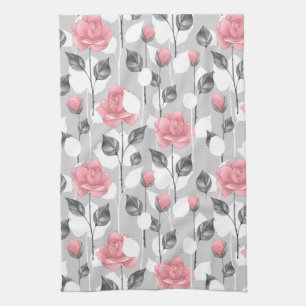 Grijs en roze. Floral patroon Theedoek
