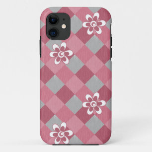 Grijs en roze geruit met kamillebloemen iPhone 11 hoesje